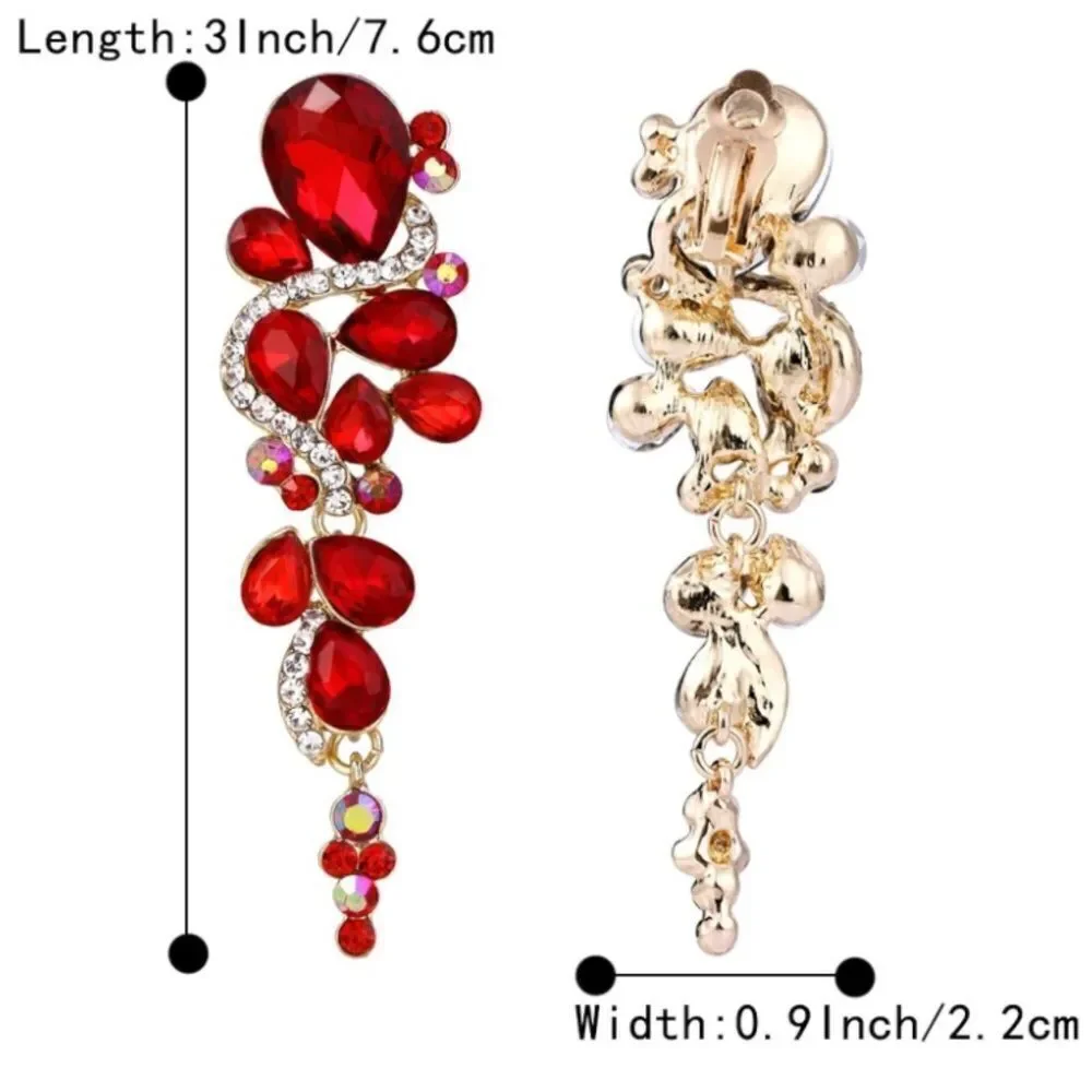 Yellow Gold with Ruby Red and AB Austrian Crystal Chandelier Clip On Earrings